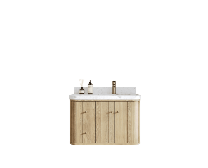 Houston White Oak 36 in. W x 22 in. D Floating Right Offset Sink Bathroom Vanity with Curved Edge Design - photo 1