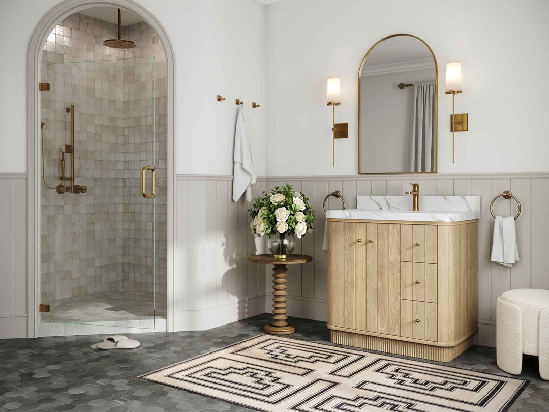 Houston White Oak 36 in. W x 22 in. D Free Standing Curved Edge Center Sink Bathroom Vanity - Willow Bath and Vanity