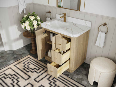 Houston White Oak 36 in. W x 22 in. D Free Standing Curved Edge Left Offset Sink Bathroom Vanity - Willow Bath and Vanity
