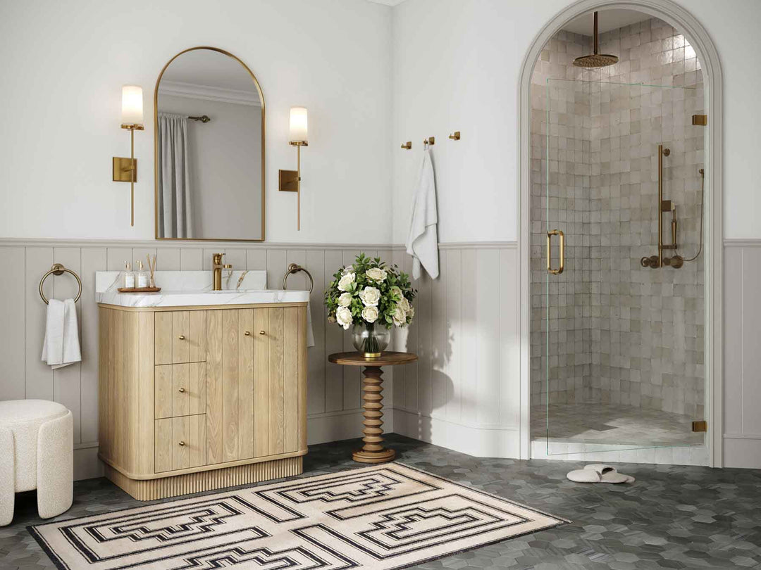 Houston White Oak 36 in. W x 22 in. D Free Standing Curved Edge Right Offset Sink Bathroom Vanity - Willow Bath and Vanity