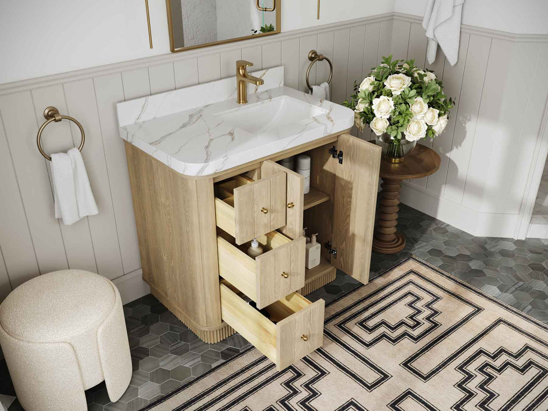 Houston White Oak 36 in. W x 22 in. D Free Standing Curved Edge Right Offset Sink Bathroom Vanity - Willow Bath and Vanity