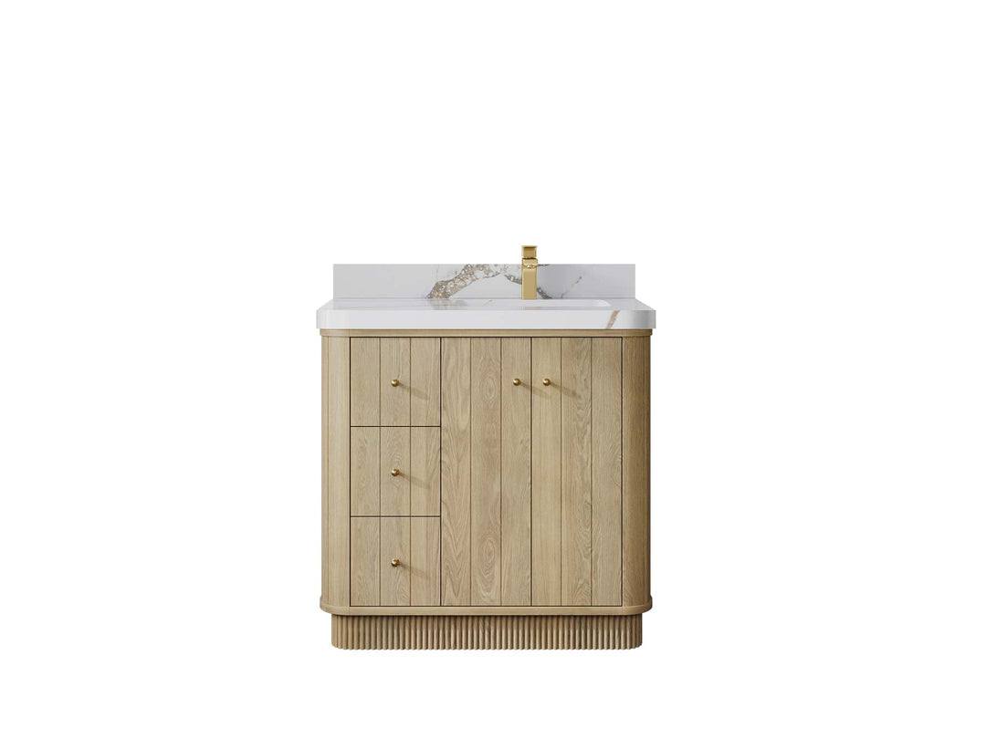 Houston White Oak 36 in. W x 22 in. D Free Standing Curved Edge Right Offset Sink Bathroom Vanity - Willow Bath and Vanity