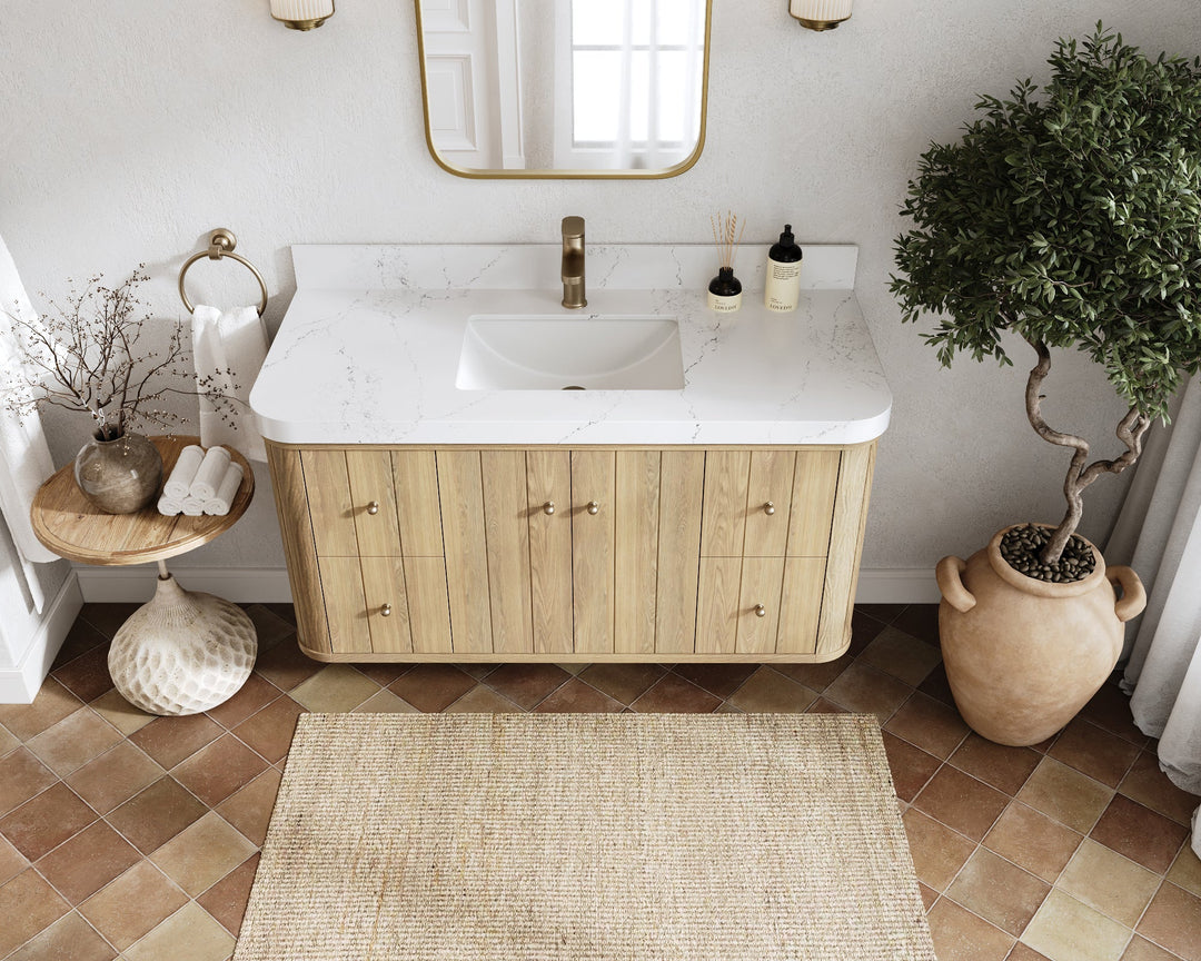Houston White Oak 48 in. W x 22 in. D Floating Single Sink Bathroom Vanity with Curved Edge Design - Willow Bath and Vanity