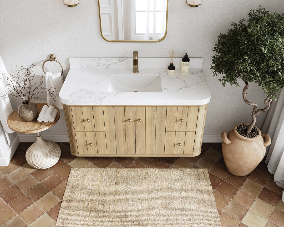 Houston White Oak 48 in. W x 22 in. D Floating Single Sink Bathroom Vanity with Curved Edge Design - Willow Bath and Vanity