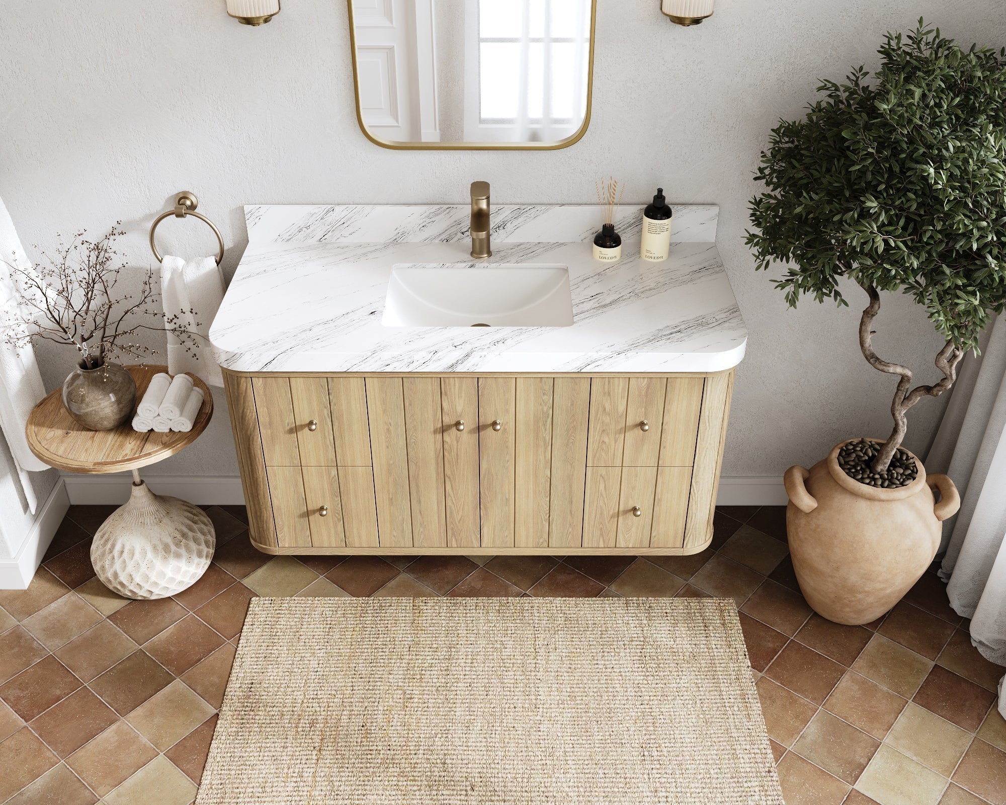 Houston White Oak 48 in. W x 22 in. D Floating Single Sink Bathroom Vanity with Curved Edge Design - Willow Bath and Vanity