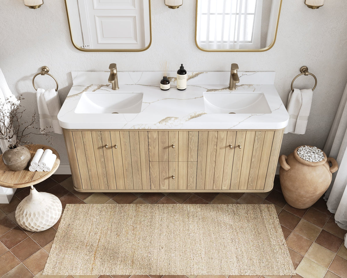 Houston White Oak 60 in. W x 22 in. D Floating Double Sink Bathroom Vanity with Curved Edge Design - Willow Bath and Vanity