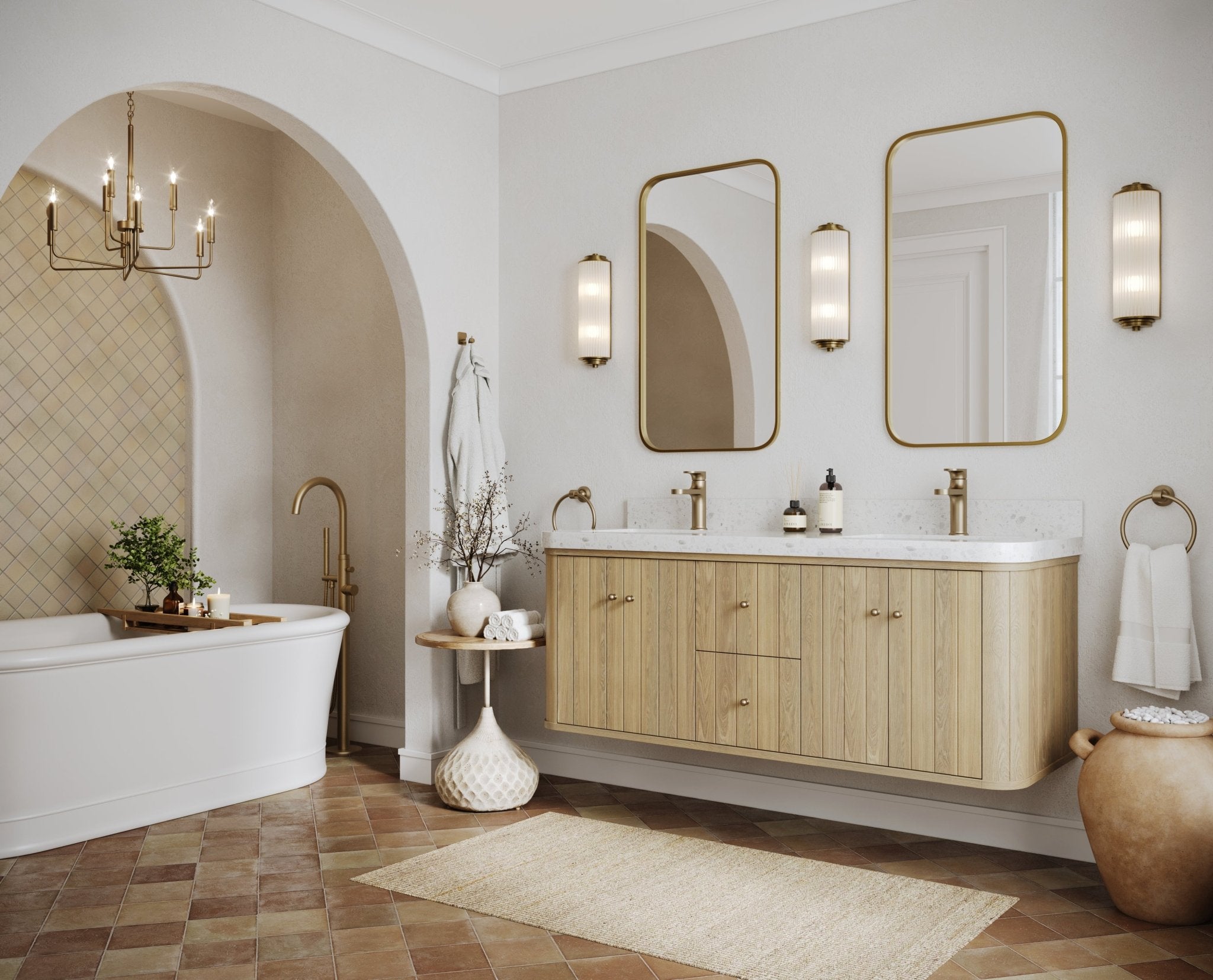 Houston White Oak 60 in. W x 22 in. D Floating Double Sink Bathroom Vanity with Curved Edge Design - Willow Bath and Vanity