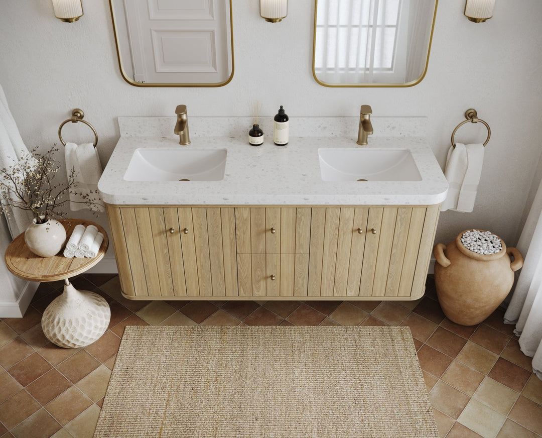 Houston White Oak 60 in. W x 22 in. D Floating Double Sink Bathroom Vanity with Curved Edge Design - Willow Bath and Vanity