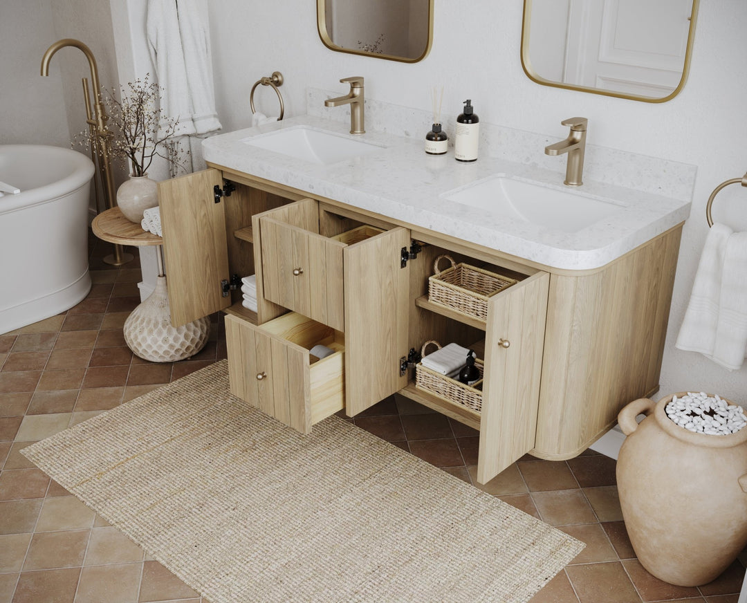 Houston White Oak 60 in. W x 22 in. D Floating Double Sink Bathroom Vanity with Curved Edge Design - Willow Bath and Vanity
