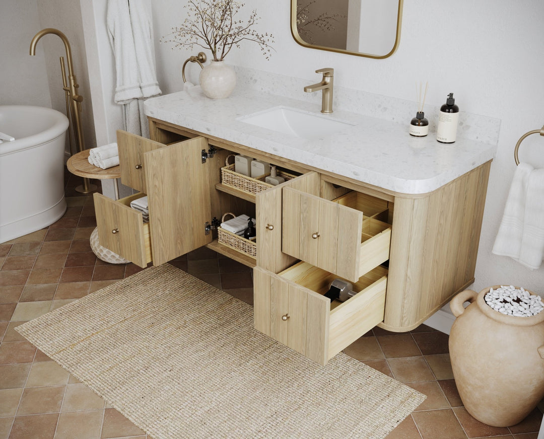 Houston White Oak 60 in. W x 22 in. D Floating Single Sink Bathroom Vanity with Curved Edge Design - Willow Bath and Vanity