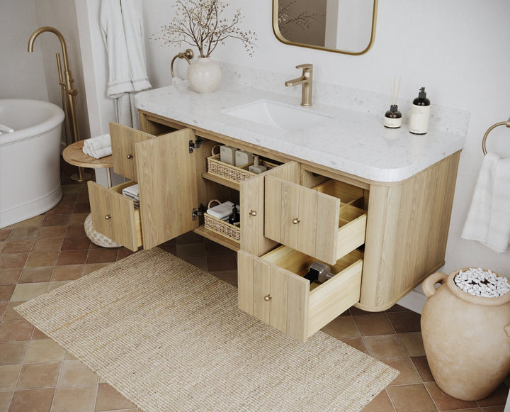 Houston White Oak 60 in. W x 22 in. D Floating Single Sink Bathroom Vanity with Curved Edge Design - photo 3