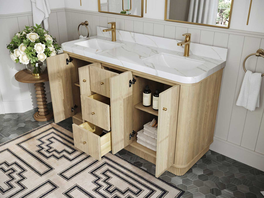 Houston White Oak 60 in. W x 22 in. D Free Standing Curved Edge Double Sink Bathroom Vanity - Willow Bath and Vanity