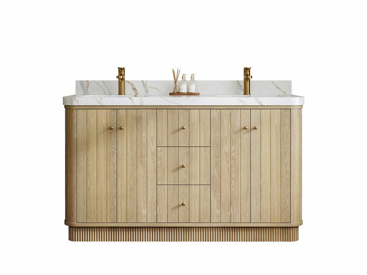 Houston White Oak 60 in. W x 22 in. D Free Standing Curved Edge Double Sink Bathroom Vanity - photo 1