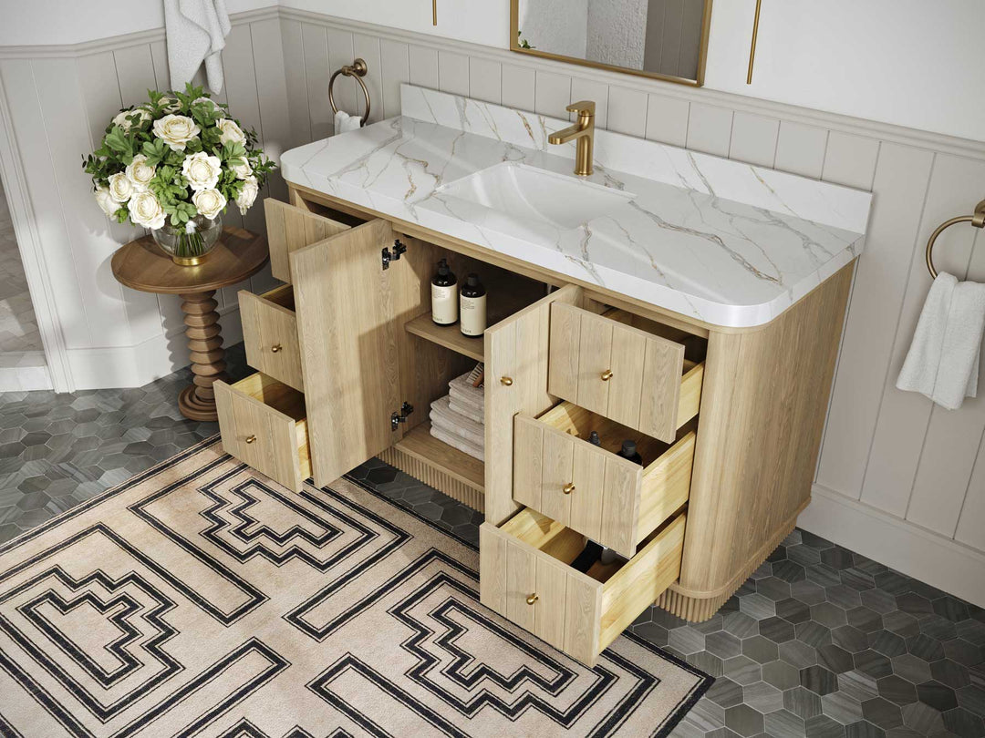 Houston White Oak 60 in. W x 22 in. D Free Standing Curved Edge Single Sink Bathroom Vanity - Willow Bath and Vanity