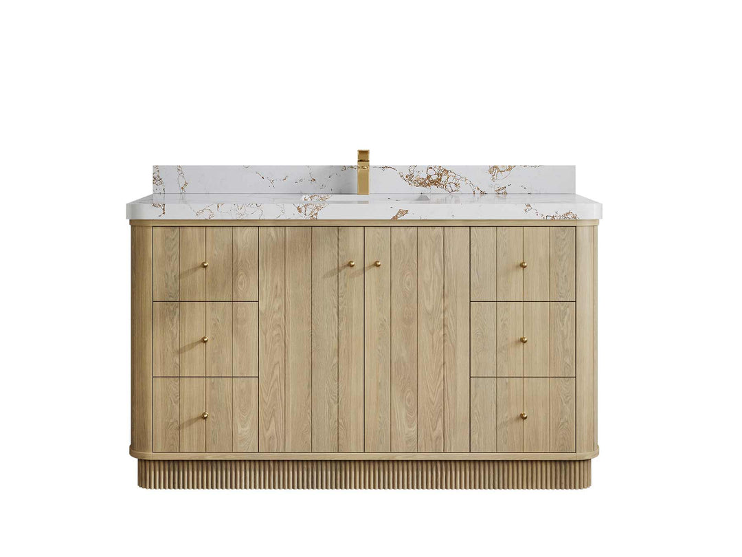 Houston White Oak 60 in. W x 22 in. D Free Standing Curved Edge Single Sink Bathroom Vanity - Willow Bath and Vanity