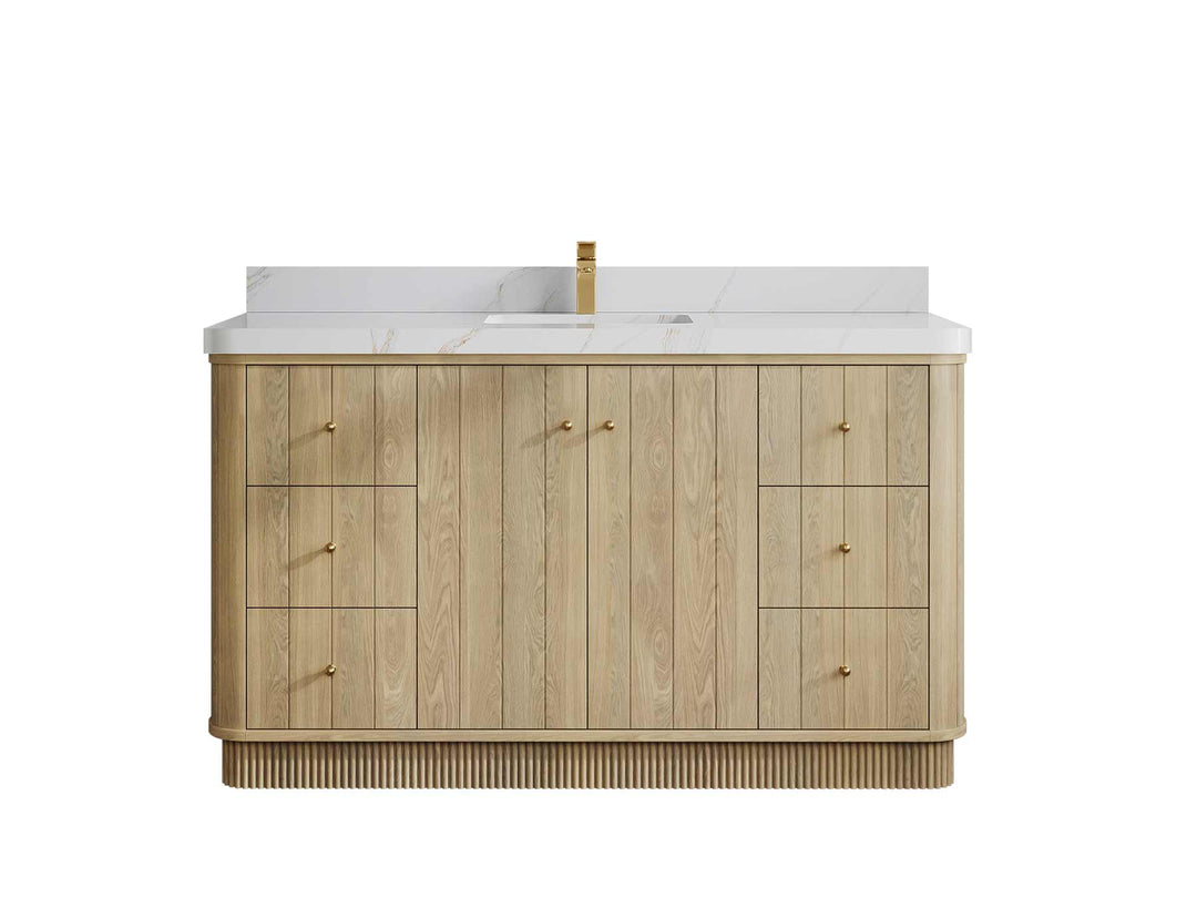 Houston White Oak 60 in. W x 22 in. D Free Standing Curved Edge Single Sink Bathroom Vanity - Willow Bath and Vanity