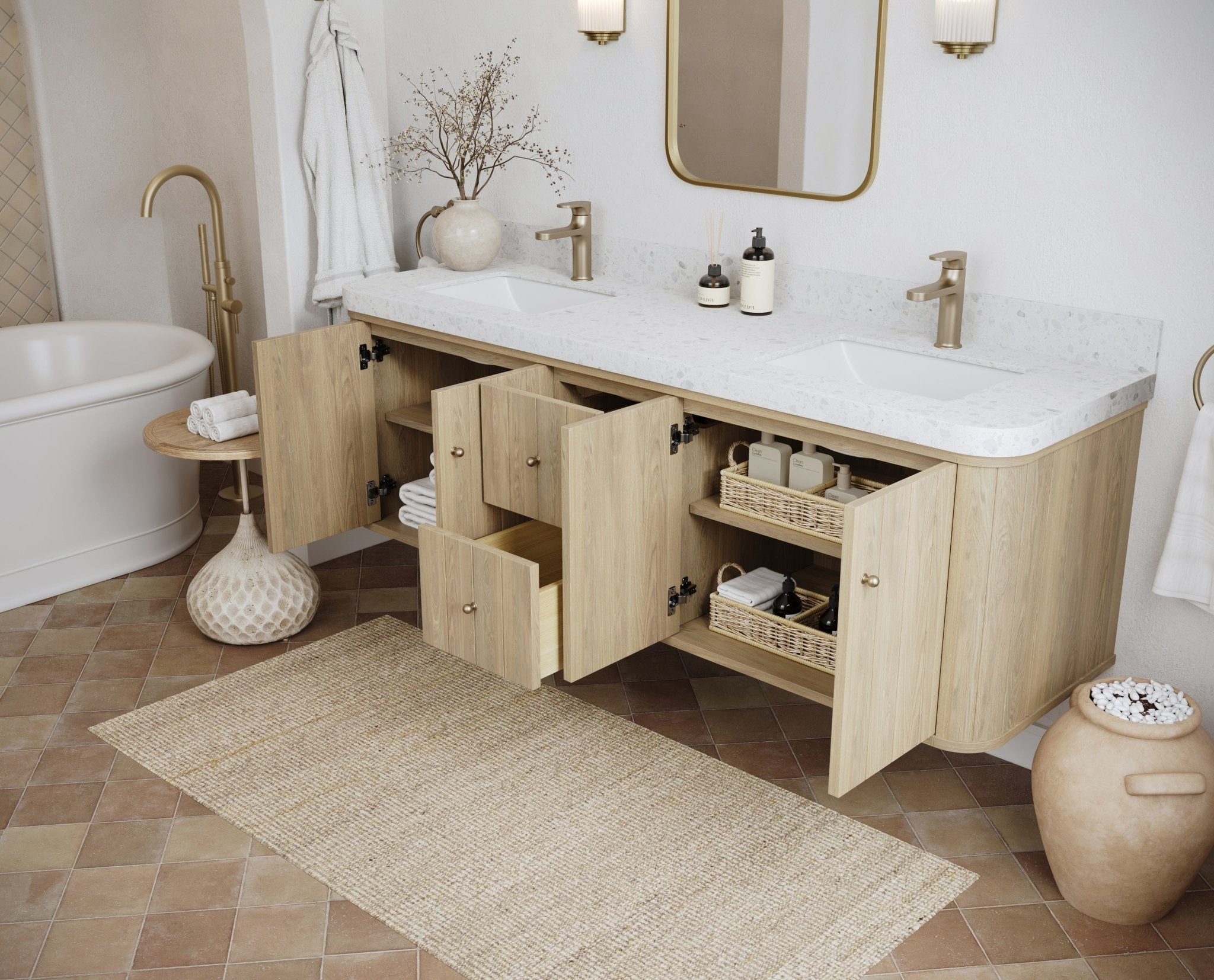 Houston White Oak 72 in. W x 22 in. D Floating Double Sink Bathroom Vanity with Curved Edge Design - Willow Bath and Vanity