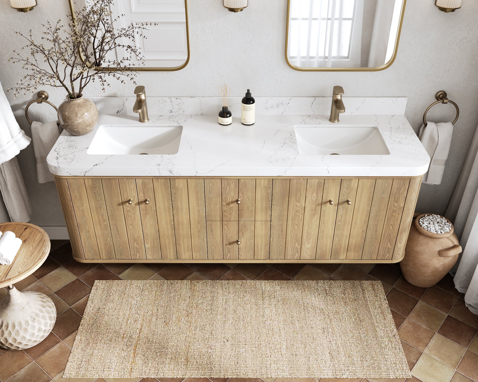 Houston White Oak 72 in. W x 22 in. D Floating Double Sink Bathroom Vanity with Curved Edge Design - Willow Bath and Vanity