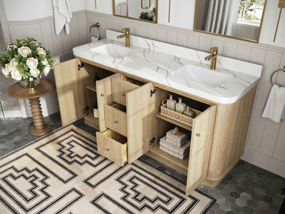Houston White Oak 72 in. W x 22 in. D Free Standing Curved Edge Double Sink Bathroom Vanity - Willow Bath and Vanity