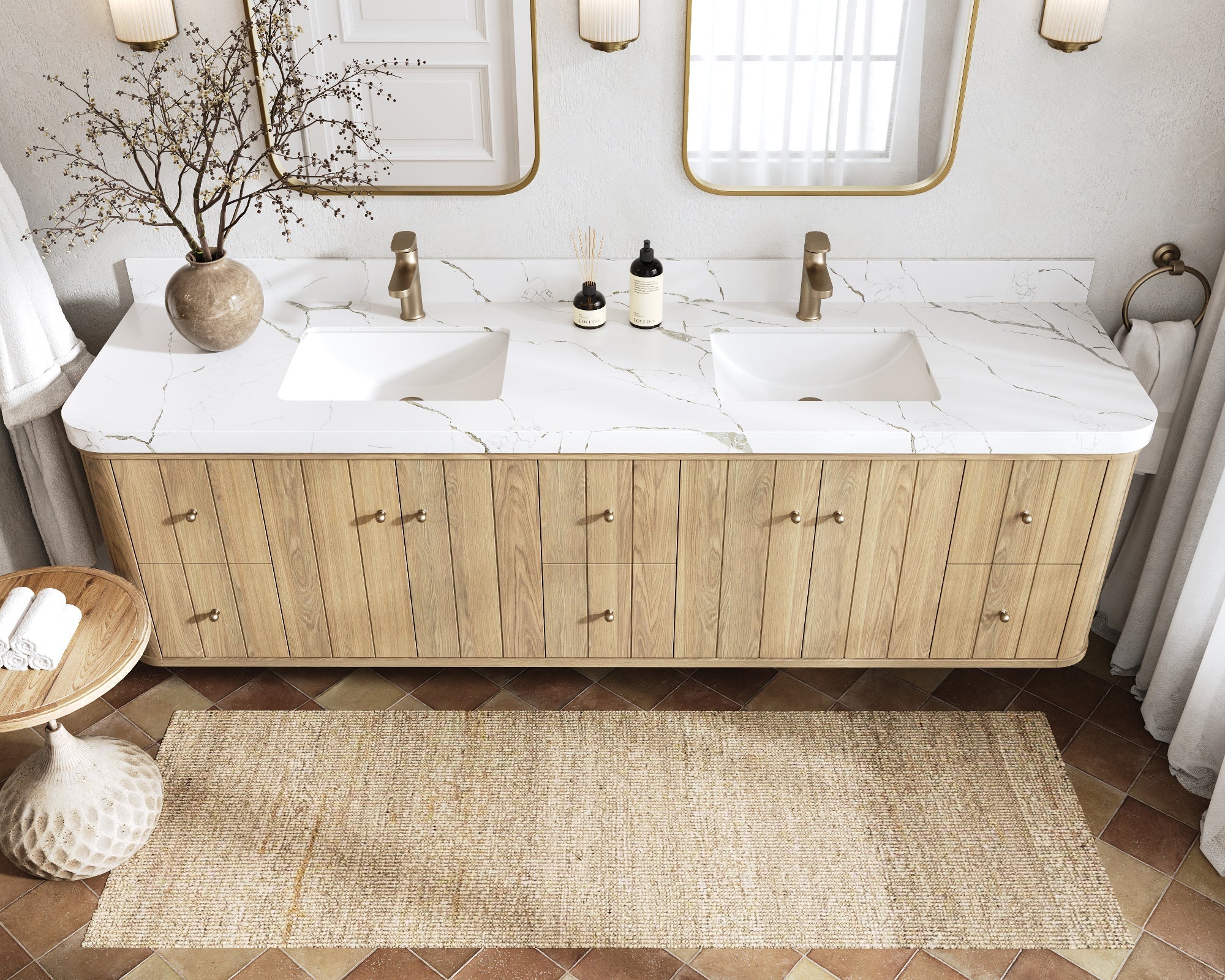 Houston White Oak 84 in. W x 22 in. D Floating Double Sink Bathroom Vanity with Curved Edge Design - Willow Bath and Vanity