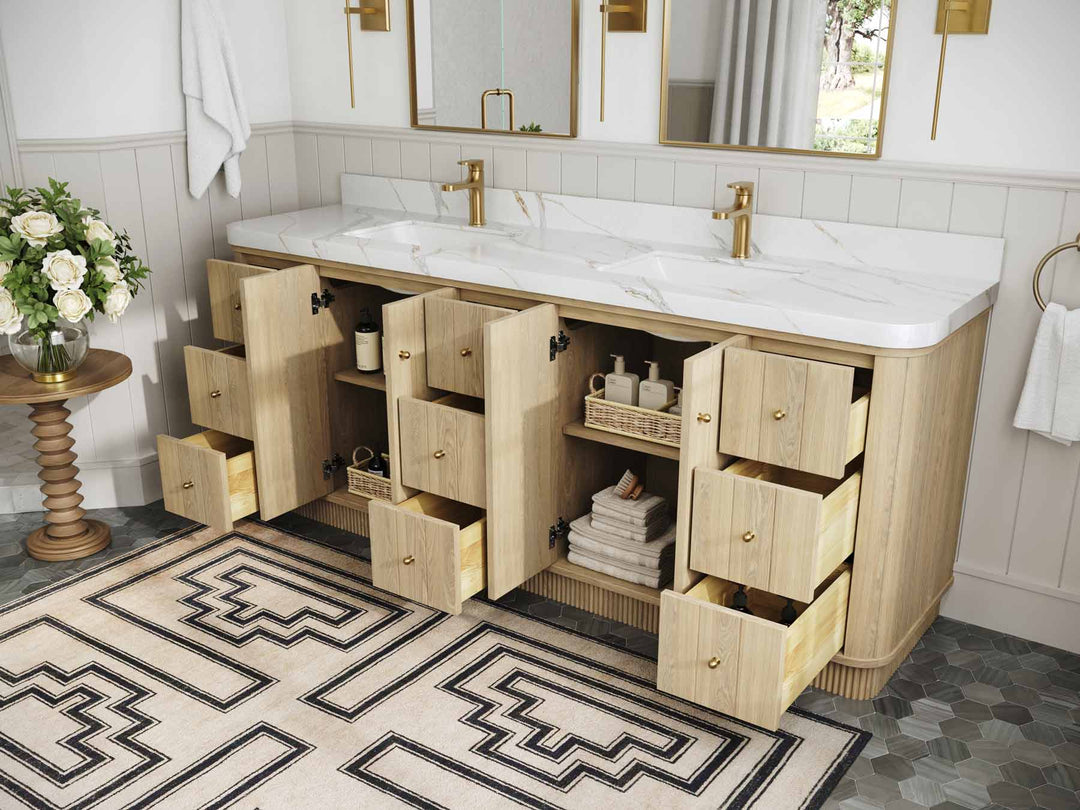 Houston White Oak 84 in. W x 22 in. D Free Standing Curved Edge Double Sink Bathroom Vanity - Willow Bath and Vanity