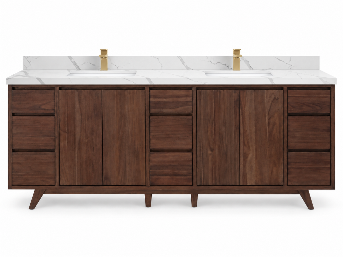 Madison 84 inch freestanding teak vanity in Dark Walnut Finish Teak with Calacatta Laza Quartz countertop and double sinks — visualization; faucets not included