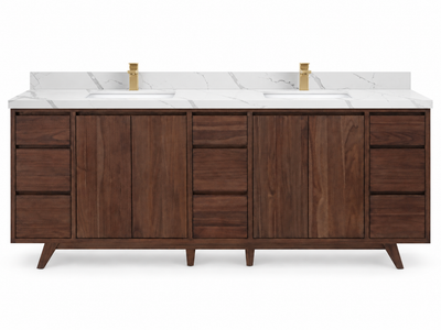 Madison 84 inch freestanding teak vanity in Dark Walnut Finish Teak with Calacatta Laza Quartz countertop and double sinks — visualization; faucets not included