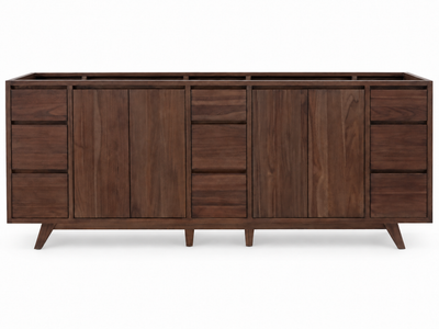 Madison 84-inch Walnut finish teak freestanding vanity cabinet only, front view on a white background
