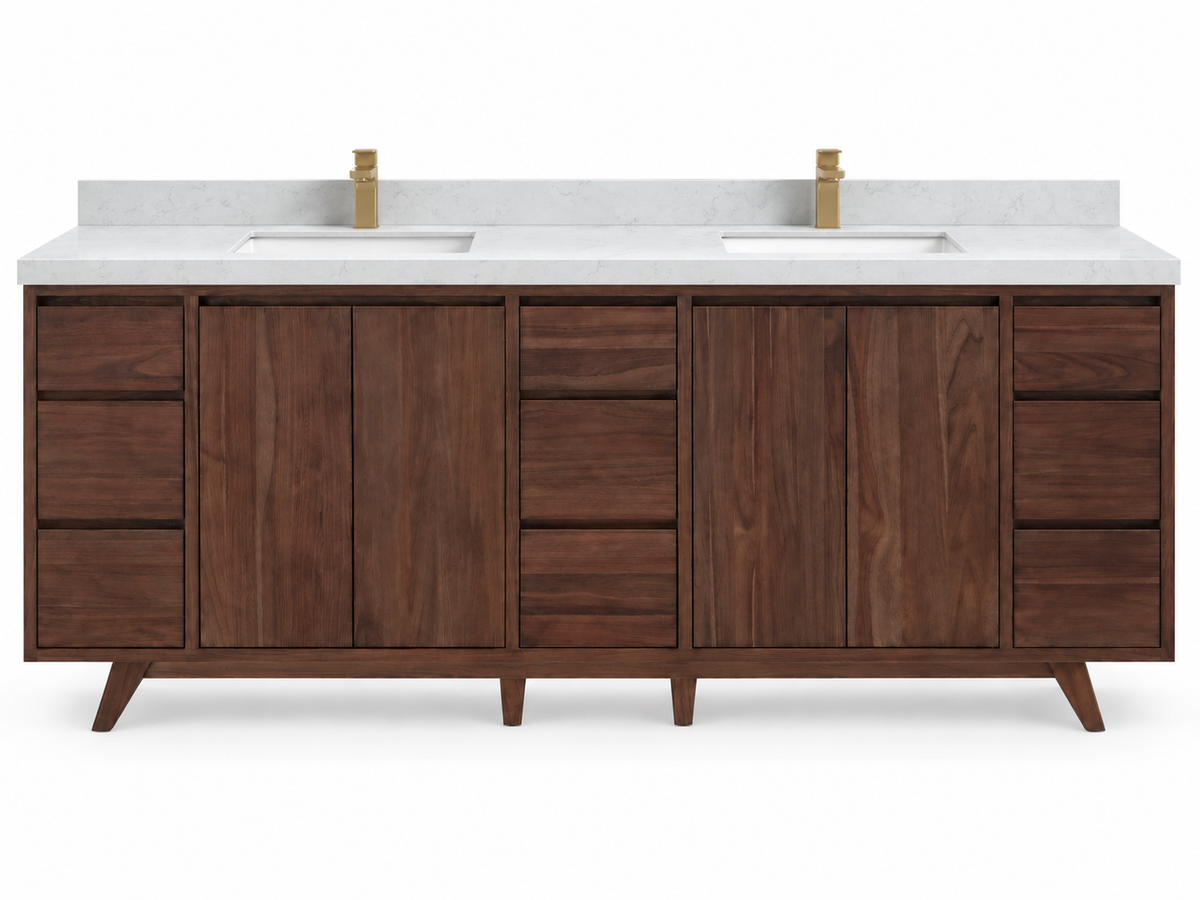 Madison 84 inch freestanding teak vanity in Dark Walnut Finish Teak with Carrara Quartz countertop and double sinks — visualization; faucets not included