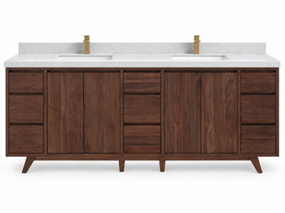 Madison 84 inch freestanding teak vanity in Dark Walnut Finish Teak with Carrara Quartz countertop and double sinks — visualization; faucets not included