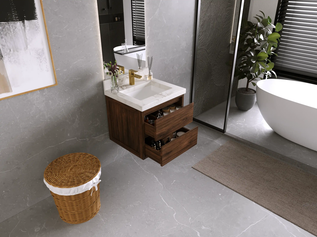 Madison Floating Teak 24 in. W x 22 in. D Single Sink Bathroom Vanity - Willow Bath and Vanity