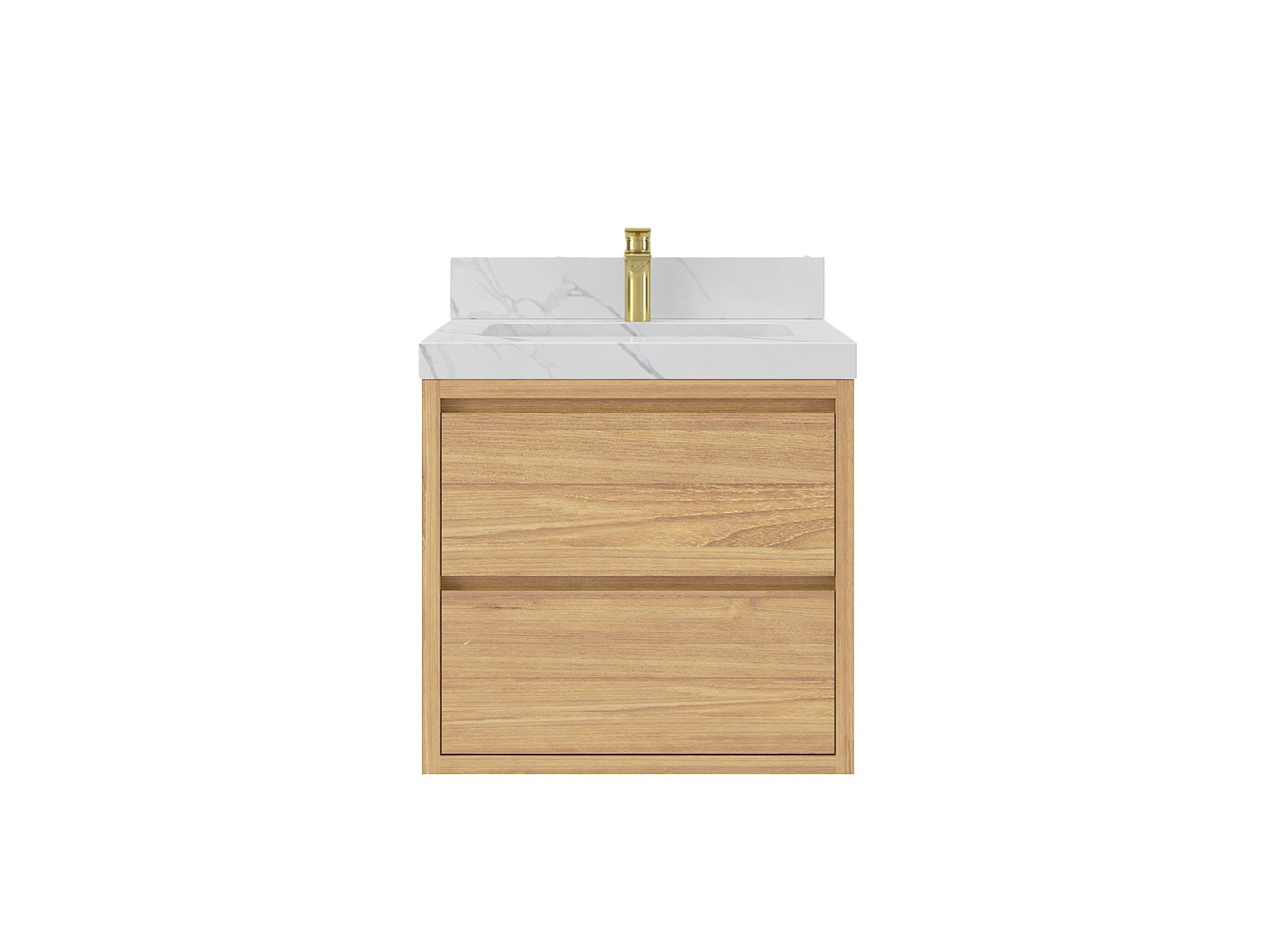 Madison 24-inch floating bathroom vanity in Light Natural Teak with white stone countertop, front view