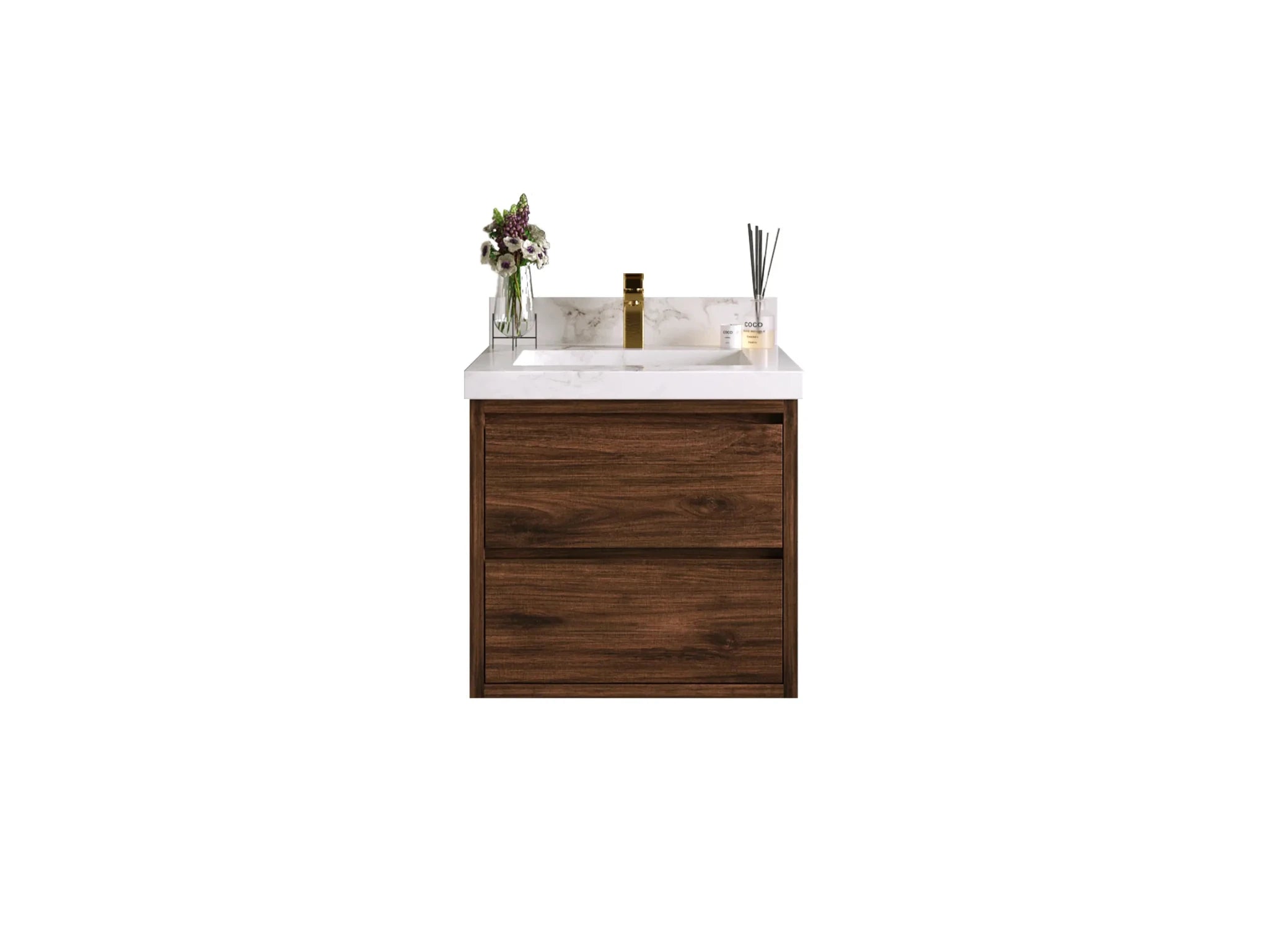 Madison 24-inch floating bathroom vanity in Dark Walnut Teak with white stone countertop, front view