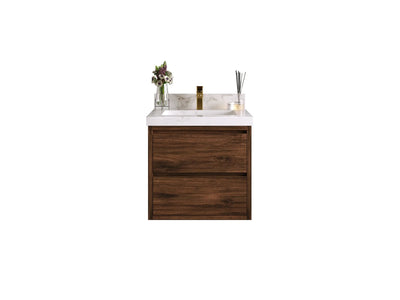 Madison 24-inch floating bathroom vanity in Dark Walnut Teak with white stone countertop, front view