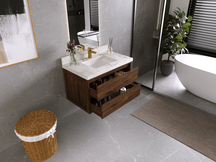 Madison Floating Teak 36 in. W x 22 in. D Center Sink Bathroom Vanity - photo 3