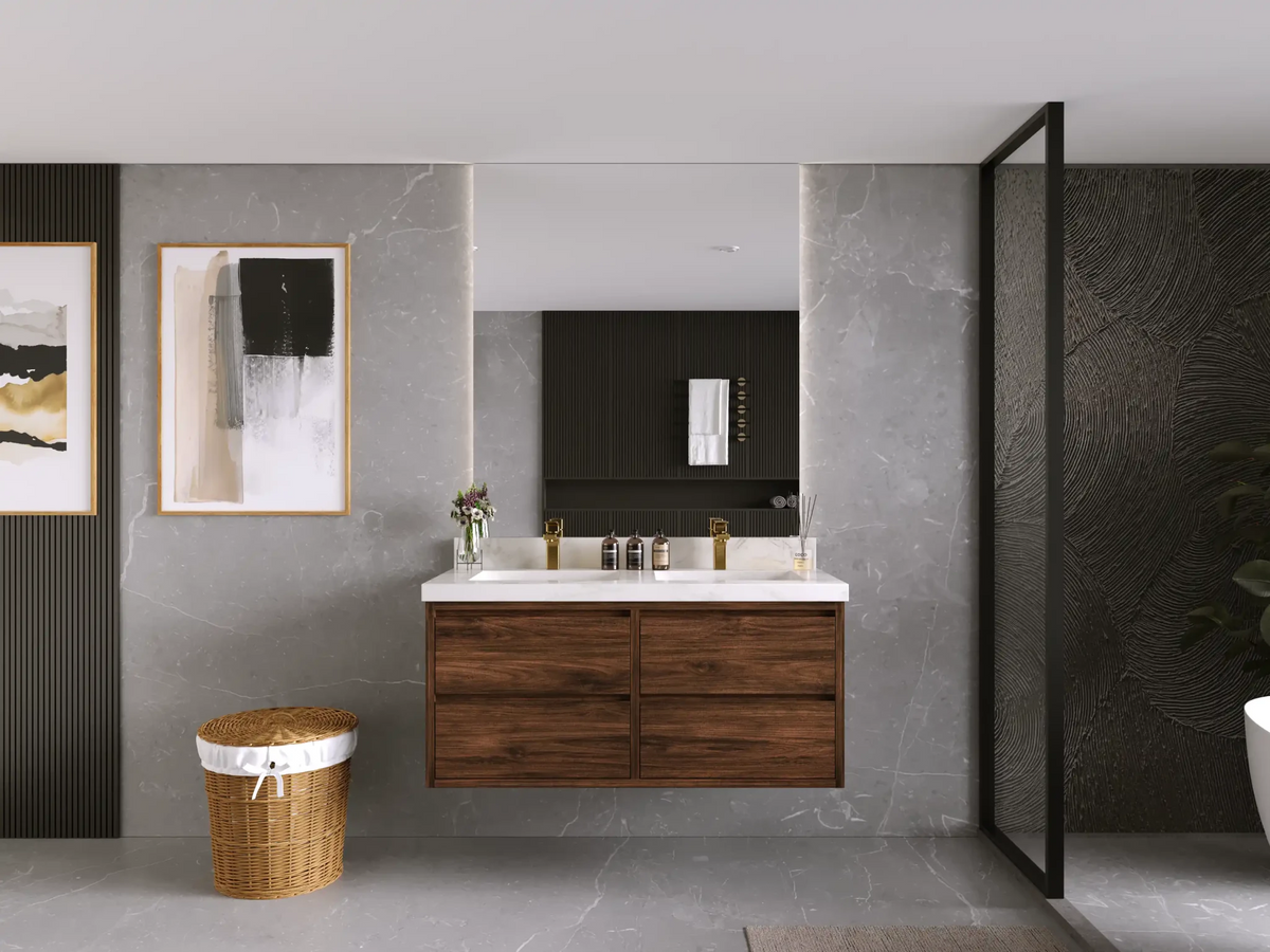 Madison Floating Teak 48 in. W x 22 in. D Double Sink Bathroom Vanity - Willow Bath and Vanity