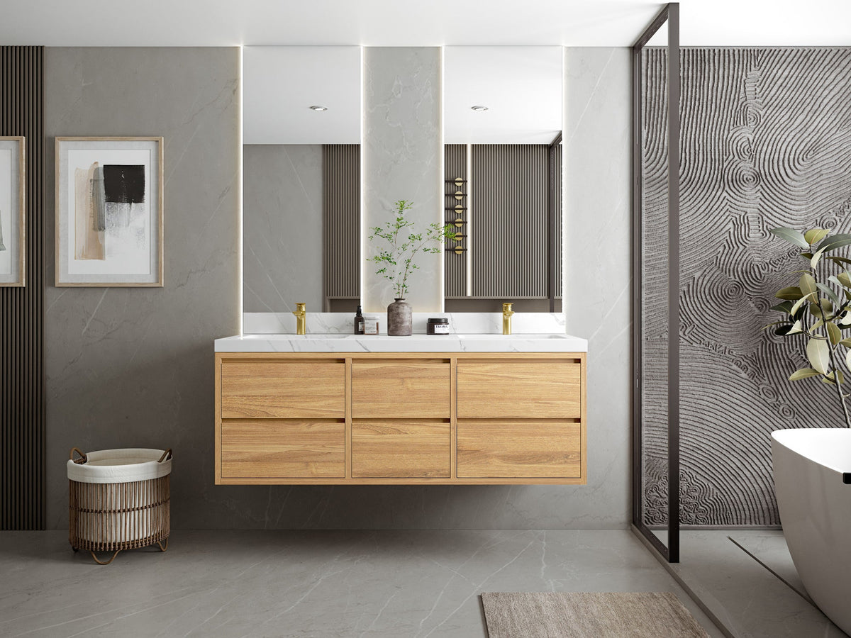 Madison Floating Teak 60 in. W x 22 in. D Double Sink Bathroom Vanity - Willow Bath and Vanity