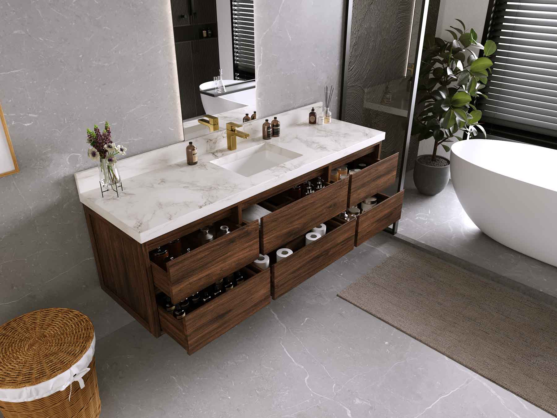 Madison Floating Teak 72 in. W x 22 in. D Single Sink Bathroom Vanity - Willow Bath and Vanity