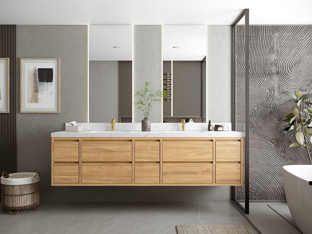 Madison Floating Teak 84 in. W x 22 in. D Double Sink Bathroom Vanity - Willow Bath and Vanity