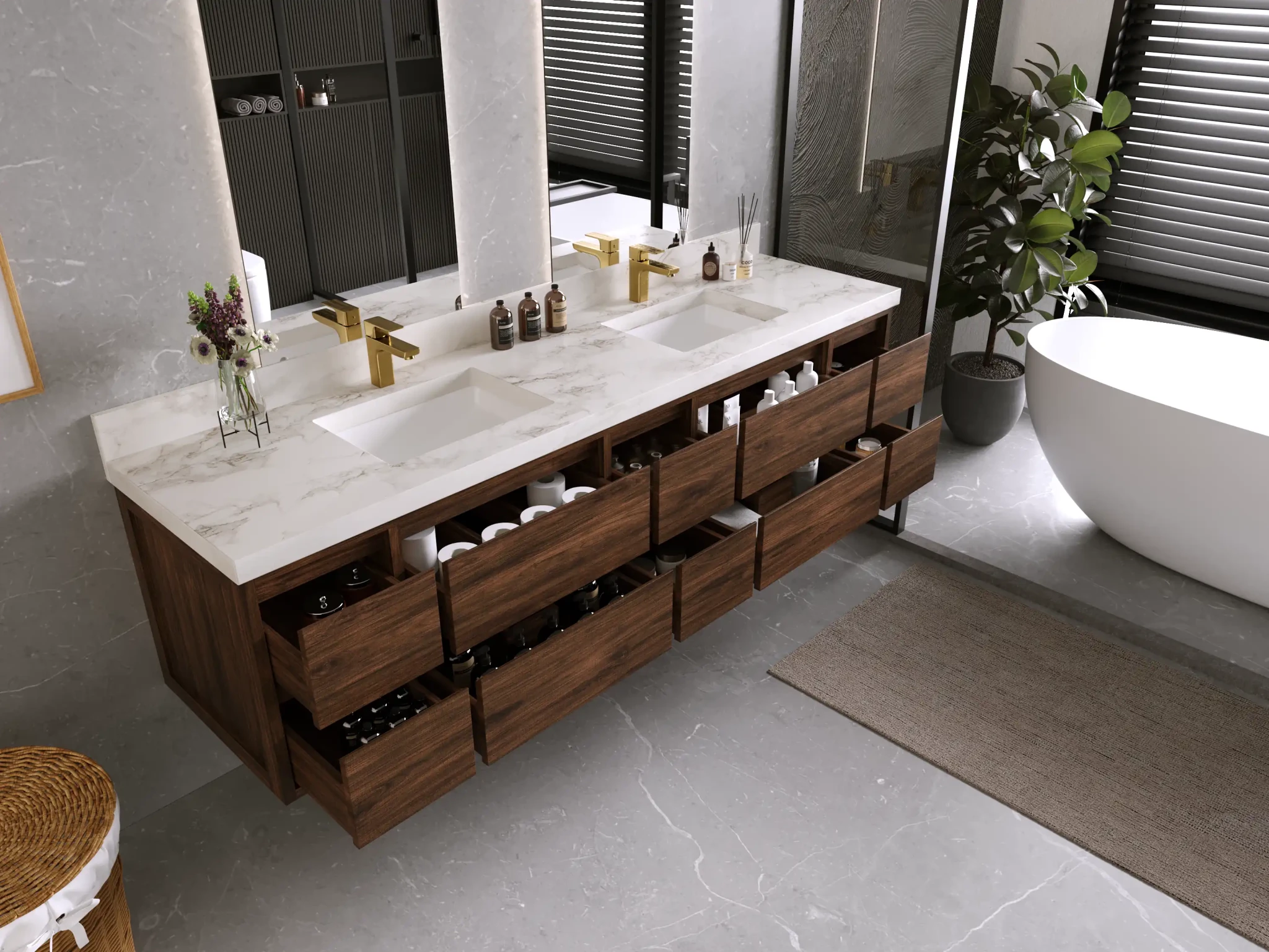 Madison Floating Teak 84 in. W x 22 in. D Double Sink Bathroom Vanity - Willow Bath and Vanity