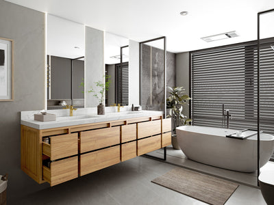 Madison Floating Teak 84 in. W x 22 in. D Double Sink Bathroom Vanity - Willow Bath and Vanity