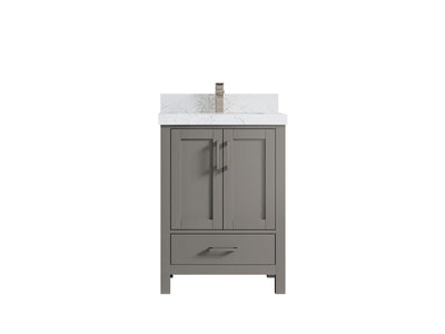 Malibu 24-inch bathroom vanity in gray with white veined countertop, front product view