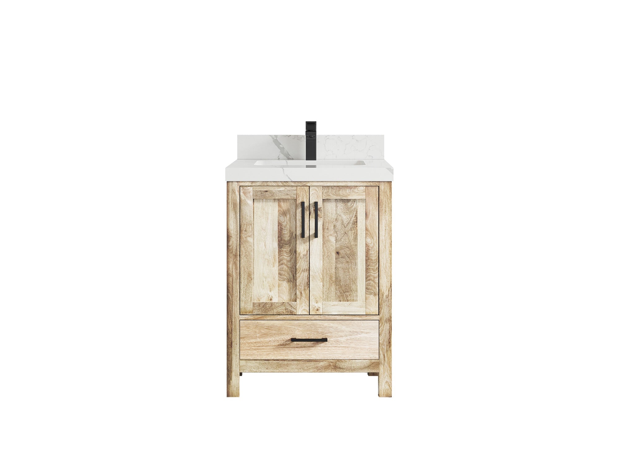 Malibu Mango Wood 24-inch bathroom vanity in Whitewashed Mango with Calacatta Laza Quartz countertop