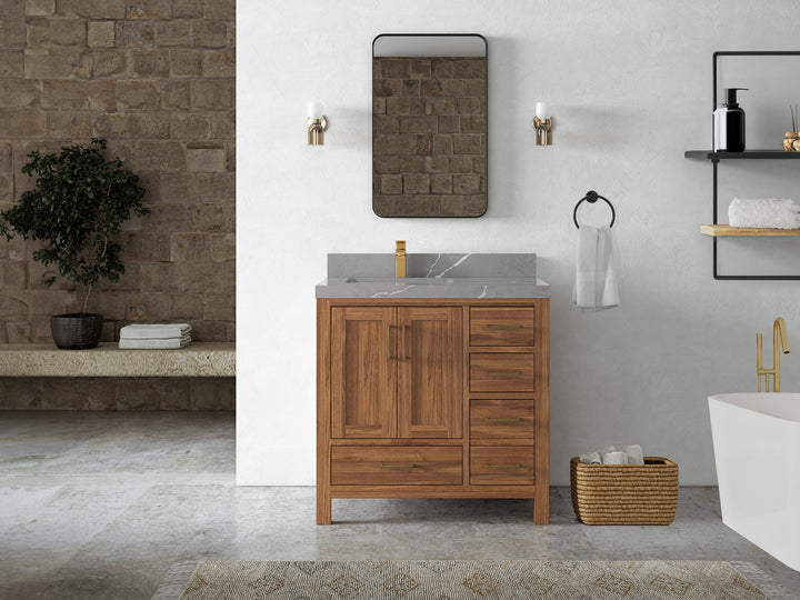 Malibu Teak Wood 36 in. W x 22 in. D Left Offset Sink Bathroom Vanity - photo 41