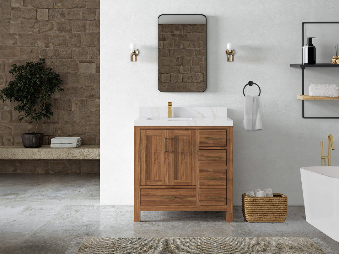 Malibu Teak Wood 36 in. W x 22 in. D Left Offset Sink Bathroom Vanity - Willow Bath and Vanity