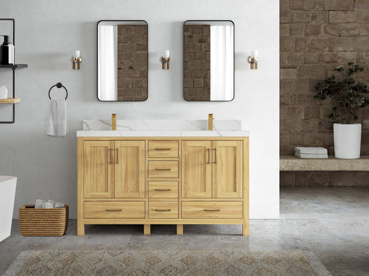 Malibu Teak Wood 60 in. W x 22 in. D Double Sink Bathroom Vanity - Willow Bath and Vanity