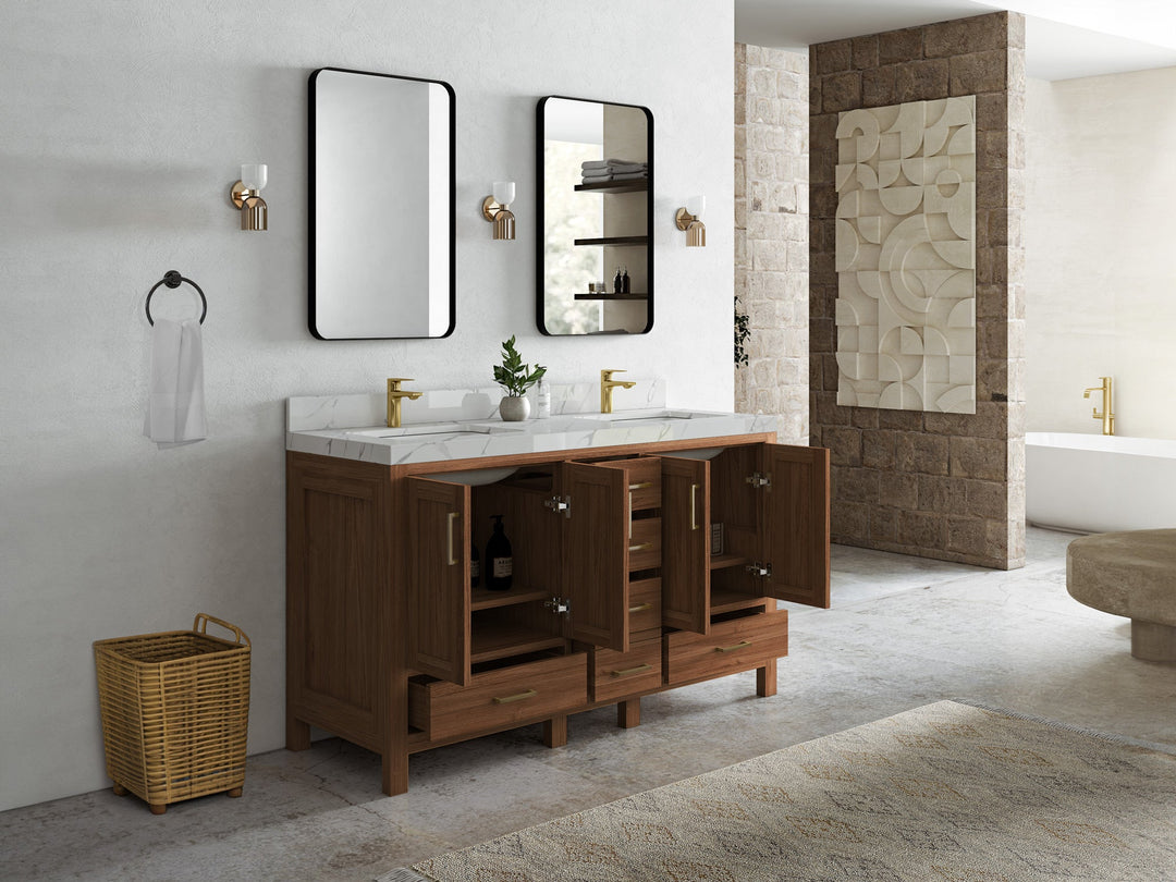 Malibu Teak Wood 60 in. W x 22 in. D Double Sink Bathroom Vanity - Willow Bath and Vanity
