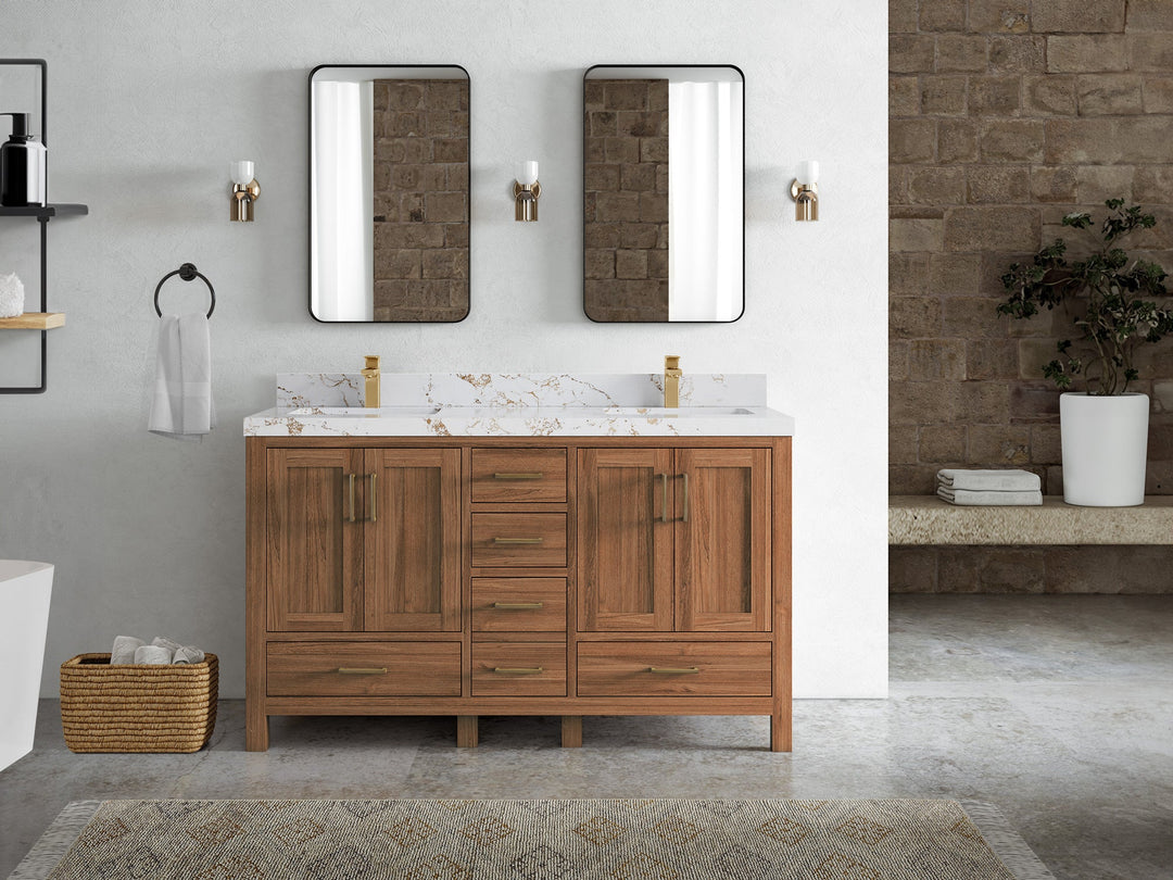 Malibu Teak Wood 60 in. W x 22 in. D Double Sink Bathroom Vanity - Willow Bath and Vanity
