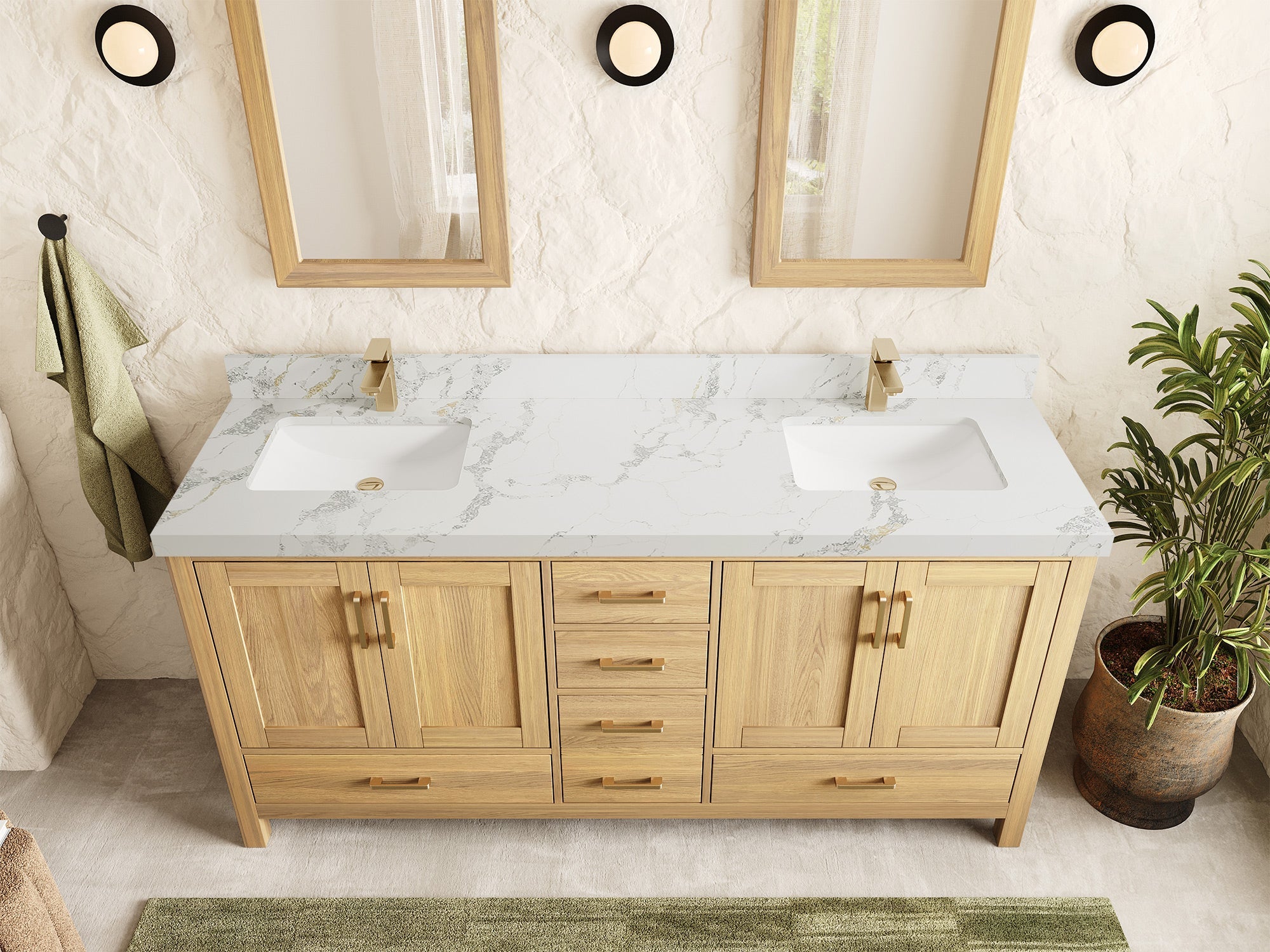 Malibu White Oak 72 in. W x 22 in. D Double Sink Bathroom Vanity - Willow Bath and Vanity