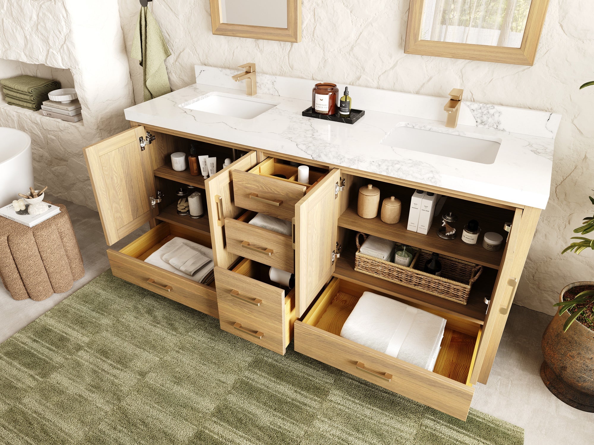 Malibu White Oak 72 in. W x 22 in. D Double Sink Bathroom Vanity - Willow Bath and Vanity